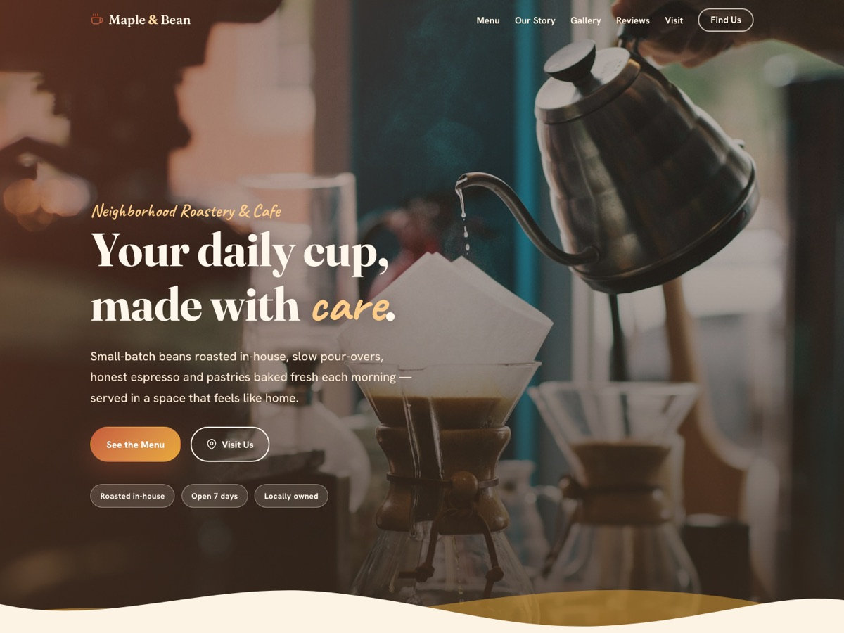 Site acolhedor da cafeteria Maple & Bean