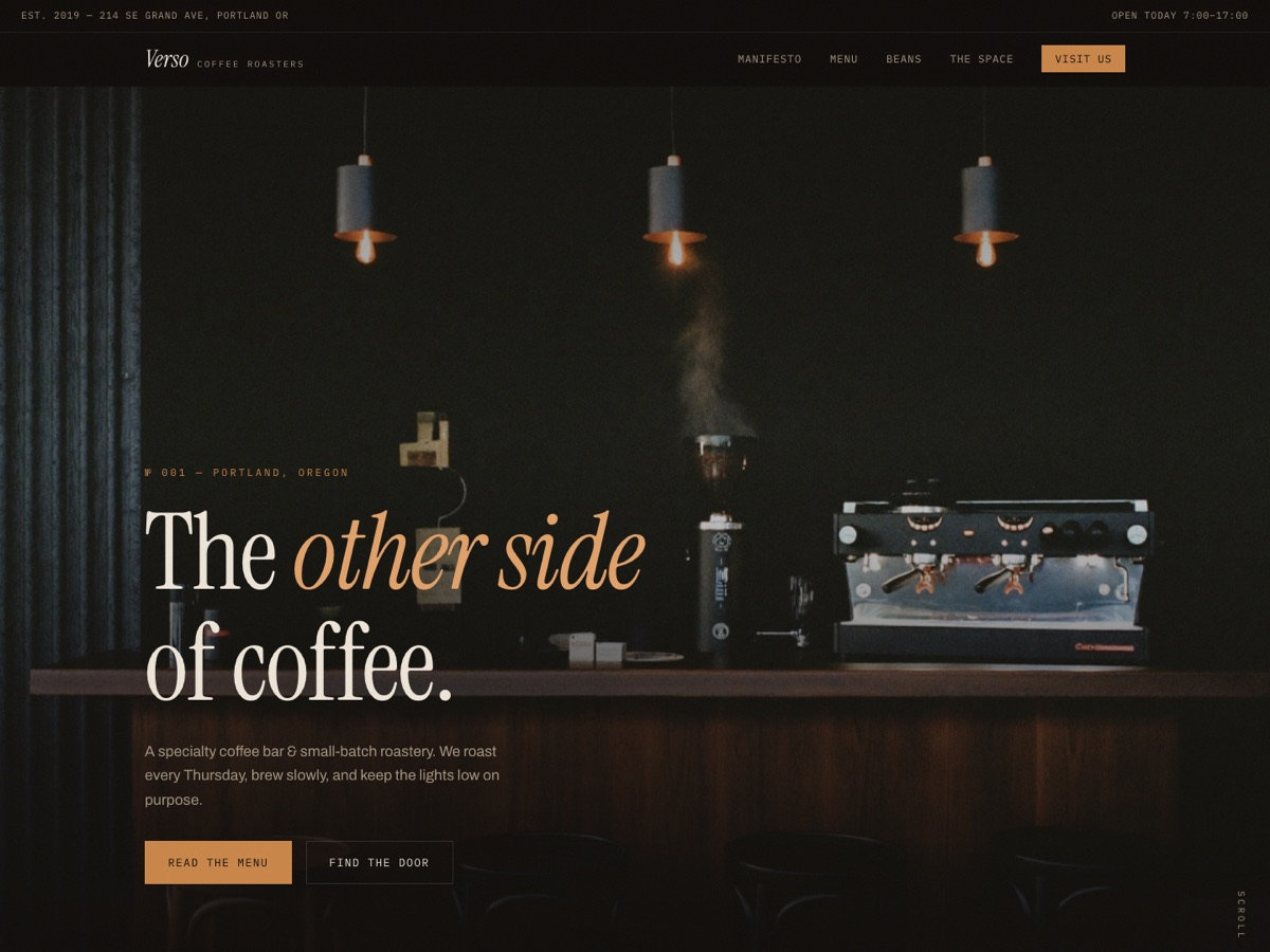 Site editorial escuro da torrefação Verso Coffee